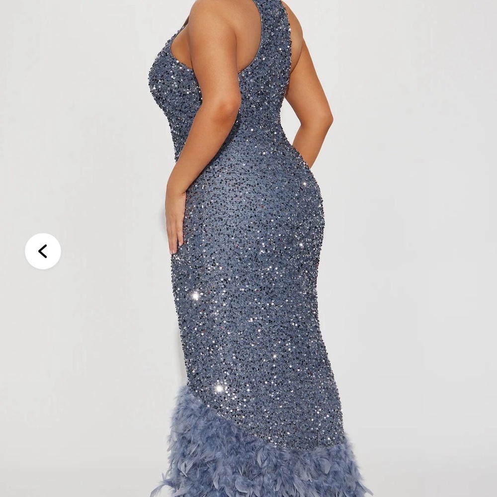 Embellished Slate Blue Sequin Gown with Feather Hem